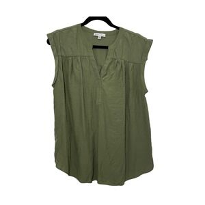 Maison d'Amélie Paris Olive Green Split Neck Pleated Sleeveless Blouse Size L